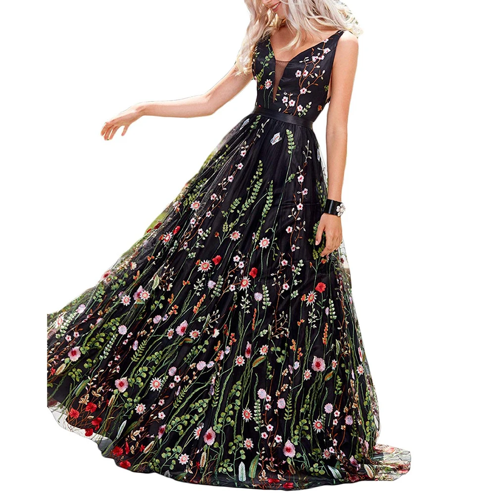 YIDINGZS женское вечернее платье из черного тюля с цветочной вышивкой вечерние платья с открытой спиной прозрачные вечерние платья - Цвет: Черный