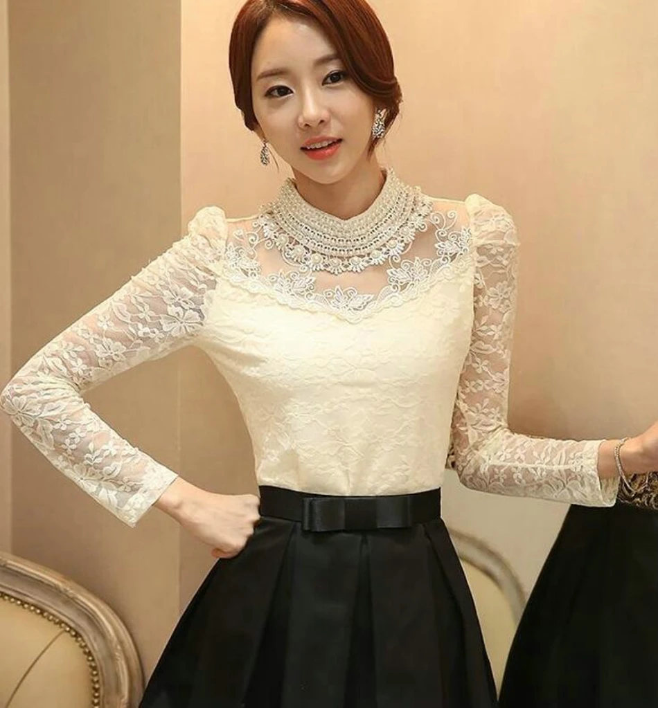 Lace Blouse 2017 Fashion Autumn Women Blouse with Long Sleeve White Studded Beaded Pluse Size Blouses06