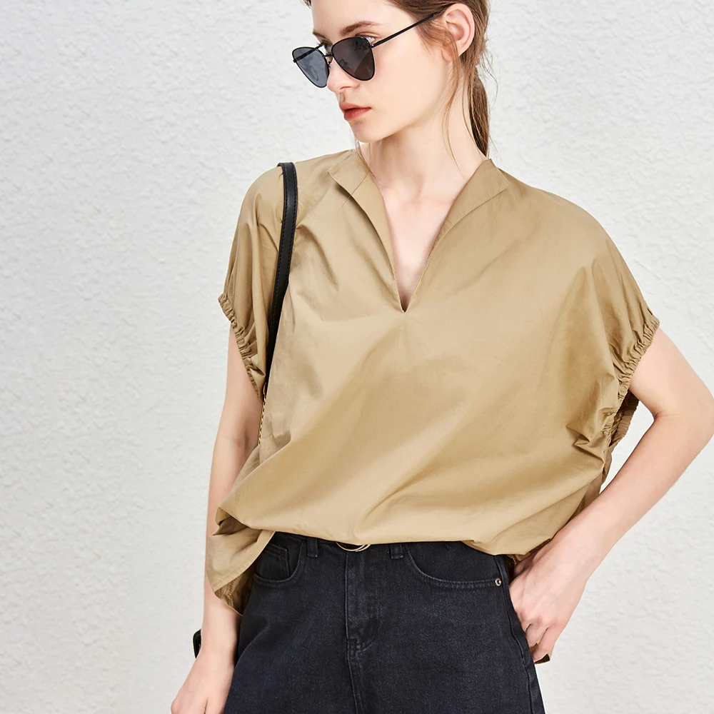 Blouse Women Shirt Simple Design 100% Cotton V Neck Batwing Sleeves Elastic Cuff 2 Colors Loose Top New Fashion Summer 2018 |