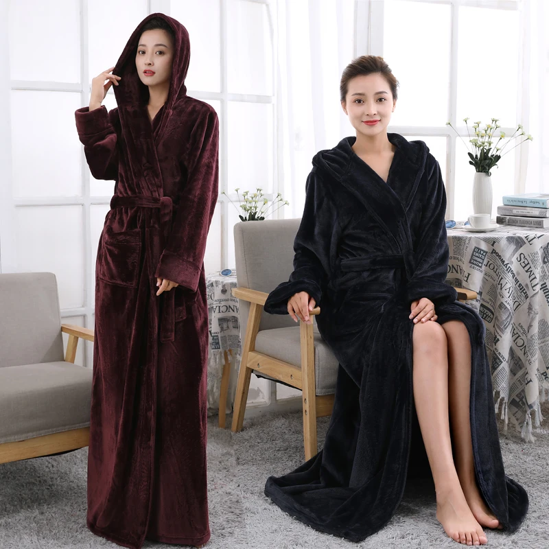 Günstige Liebhaber Mit Kapuze Extra Lange Thermische Bademantel Frauen Männer Plus Größe Winter Verdickung Warmes Bad Robe Dressing Kleid Brautjungfer Roben