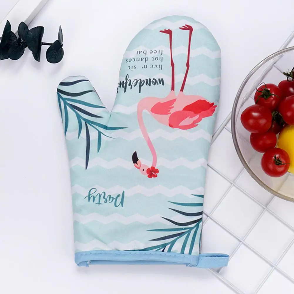 2pcs Flamingo Pattern Microwave Gloves Cotton And Linen Padded High Temperature Resistant Oven Gloves For Kitchen Cooking Tool