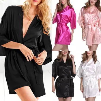 

2018 Short Silk Satin Peacock Robe Kimono Bridesmaid Dressing Gown Sleepwear Bathrobe Silk Satin Solid Soft V-neck Dresses