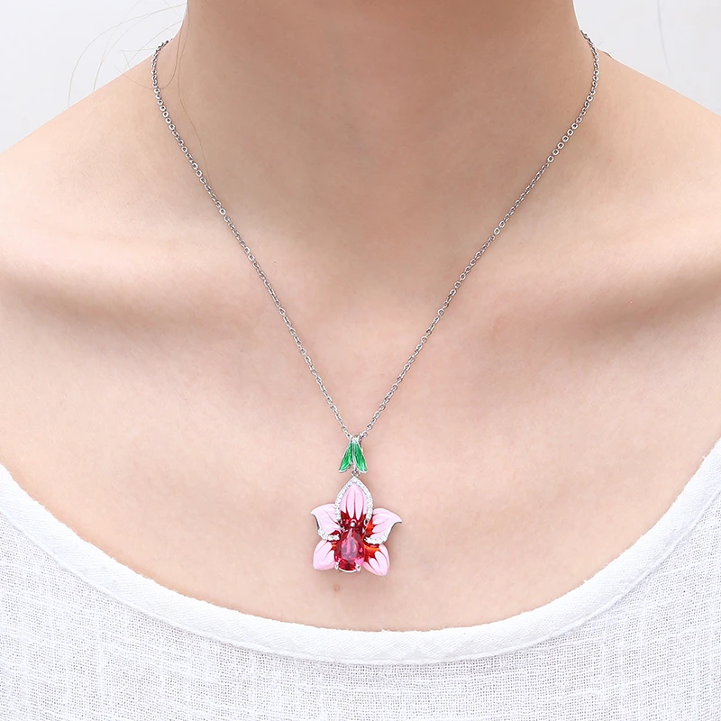 2018 New Pink Enamel silver orchid Jewelry Set (stub Earrings Pendant ring) Authentic 925 Sterling Silver Jewelry DIY Making (8)