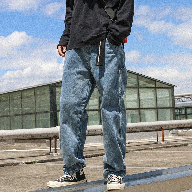 Fashion Casual Men's Jeans Autumn And Winter New M-2XL Solid Color Loose Straight Pants Blue Black Personality Youth Popular