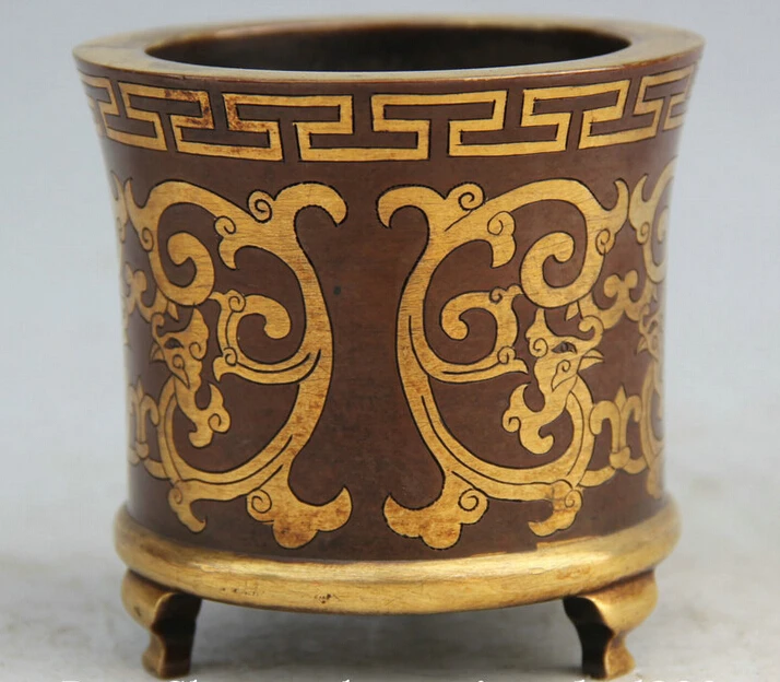 

song voge gem S1818 4" Marked Chinese Bronze 24K Gold Gilt round phoenix Bird Brush Pot pencil vase