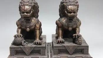 

Chinese folk Home Feng Shui copper Bronze Evil Guardian Door Foo Dog Lion Pair