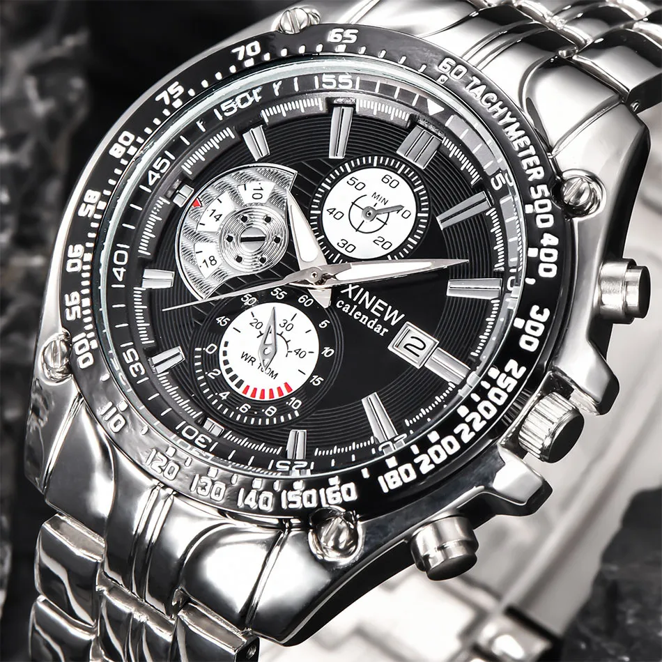 

XINEW Brand Men's Fashion Military Stainless Steel Analog Date Sport Quartz Wrist Watch Gentleman Dial relogio masculino