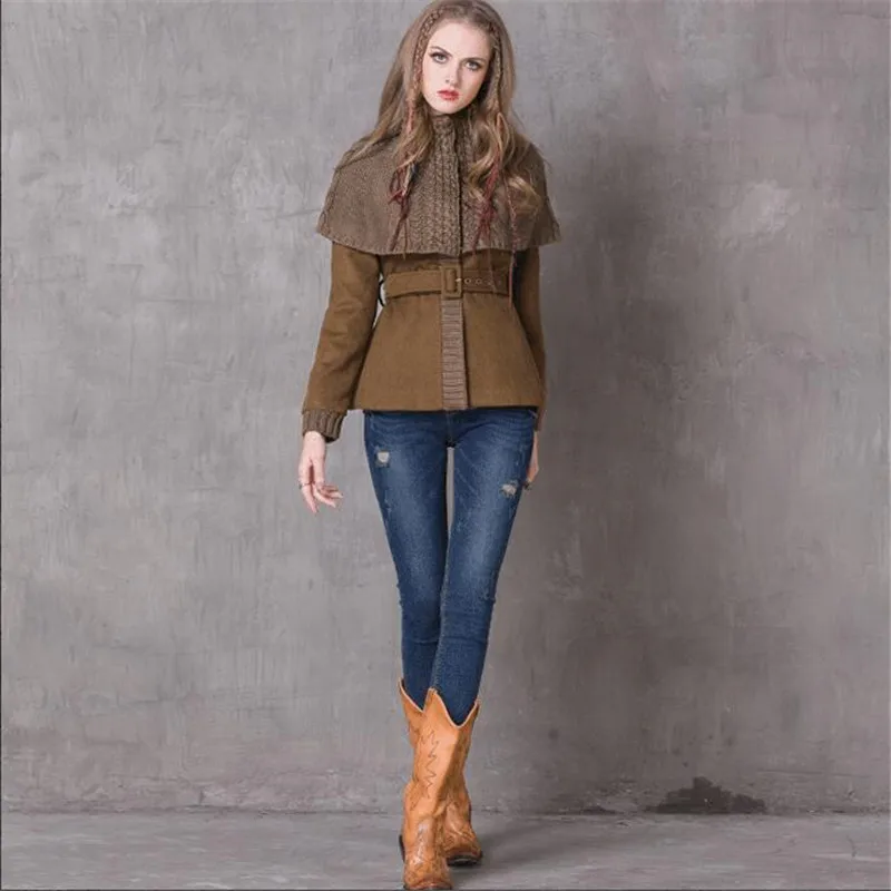 Vintage Fake 2 pieces Winter Cloak Women Coat Wool Coats Long Sleeve Knitting Cloak Woolen Coat Patchwork Belted Bodycon Casacos