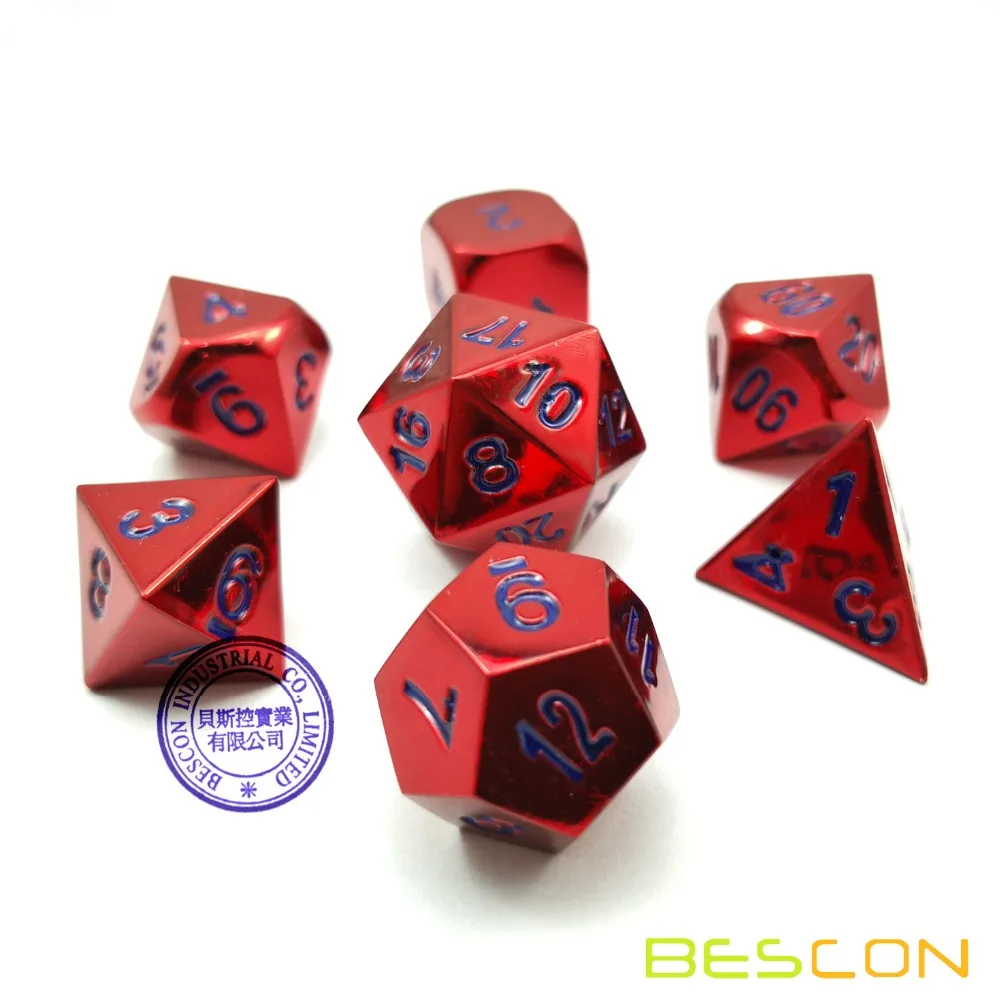 Bescon 7 шт. набор тяжелых металлических игральных костей набор глянцевого цвета вина, твердый металлический многогранный D& D набор игральных костей красное вино w/синие цифры