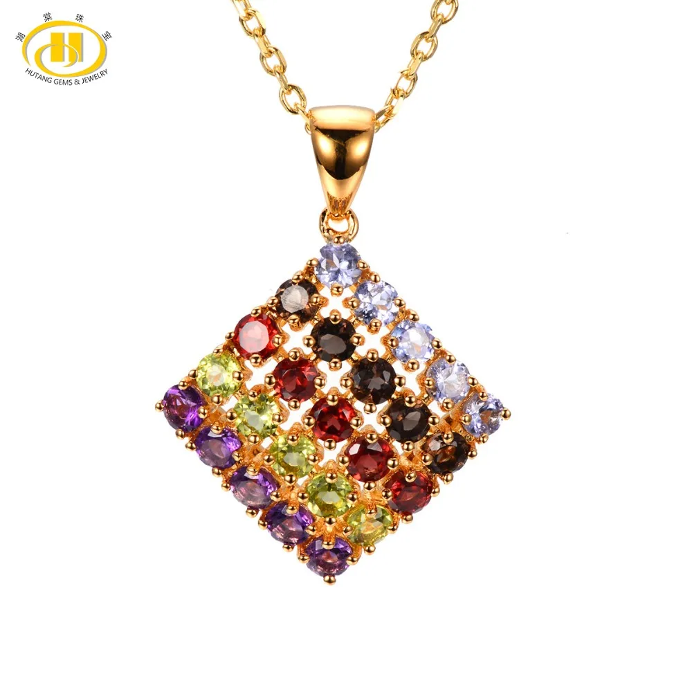 

Hutang Multi Gemstone Pendant Natural Tanzanite Quartz Garnet Peridot Amethyst Yellow Gold 925 Sterling Silver Necklace Jewelry