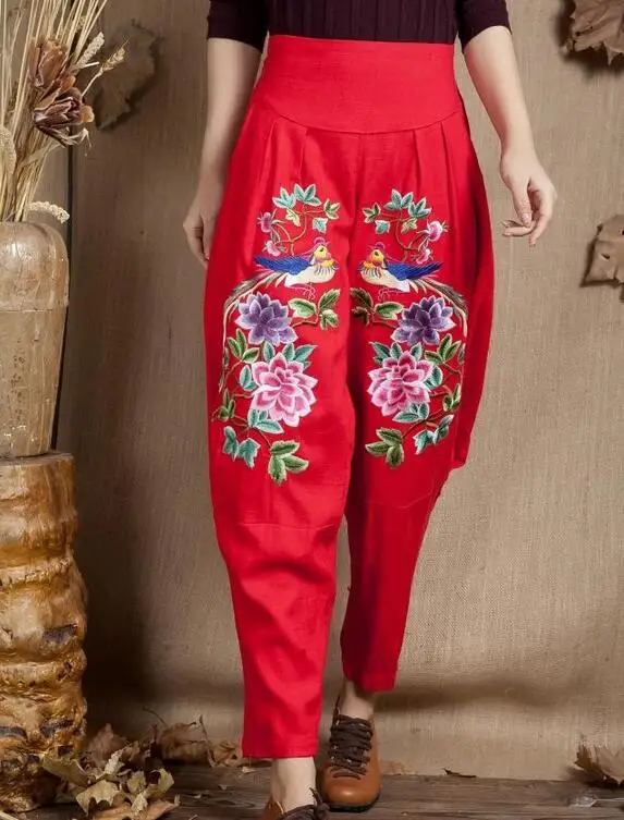 

L-2XL Hot 2019 Women Spring New Fashion Embroidered Fat Tall Waist Elastic Waist Leisure Cotton Pants