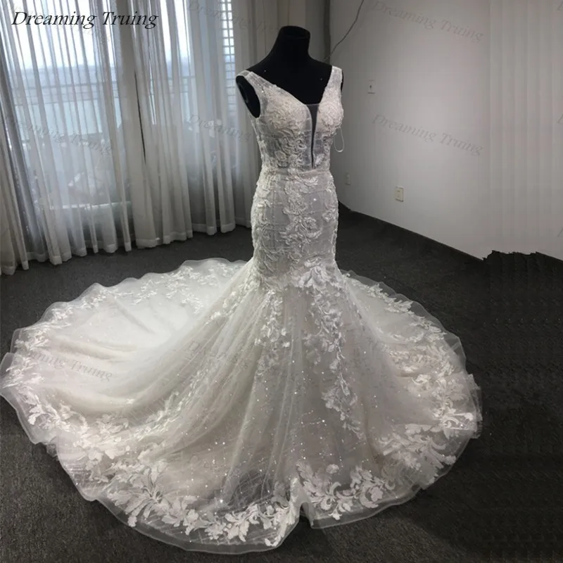Сверкающие Свадебные платья Русалка в Дубае роскошный v-образный вырез длинный шлейф с 3D цветами высокое качество свадебное платье Vestido De Novia
