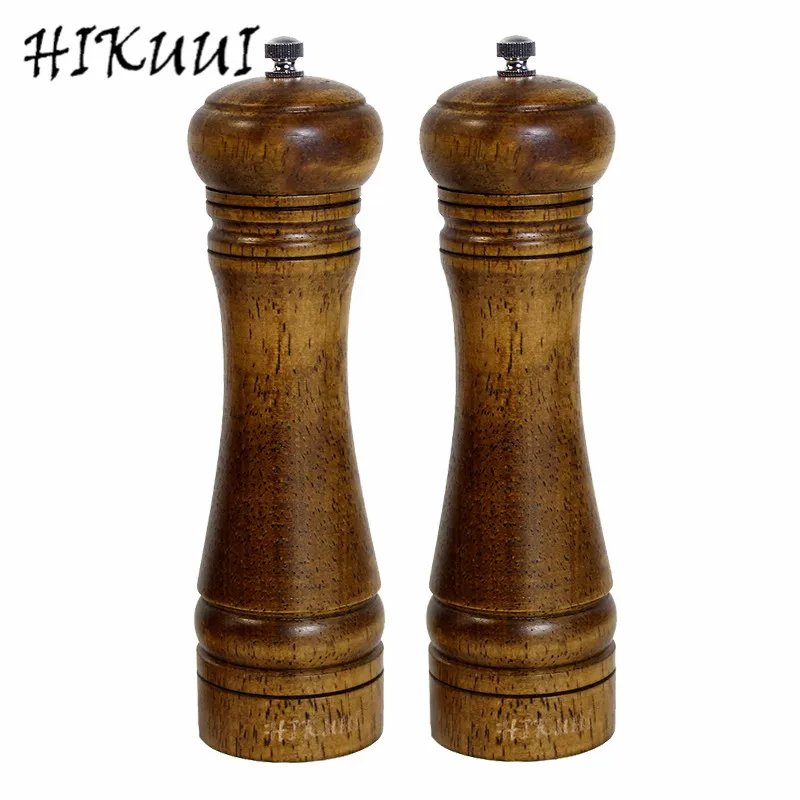 8" 2Pcs/Set Oak Wood Pepper Mills Spice Grinder Fine Porcelain Grinding
