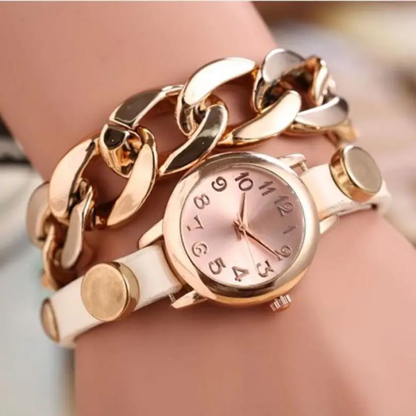 Simple Stylish Punk Women Gold Dial Leather Chain Wrap Analog Quartz