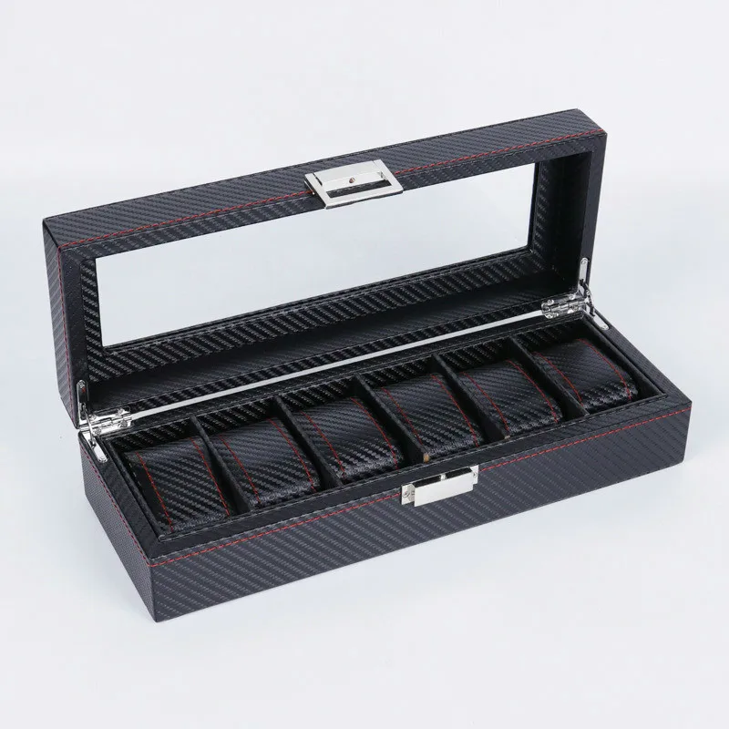 

2019 New 6 Grids Carbon Fibre Pattern Watch Box Watch Holder Storage Box Jewelry Display Rectangle Black Color Case