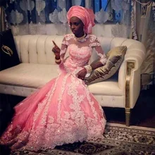 2017 Kaftan Arabic India Hijab Pink Long Sleeve Mermaid New Evening Dress Elegant Sexy Lace Crystal Evning Gown Formal Dresses