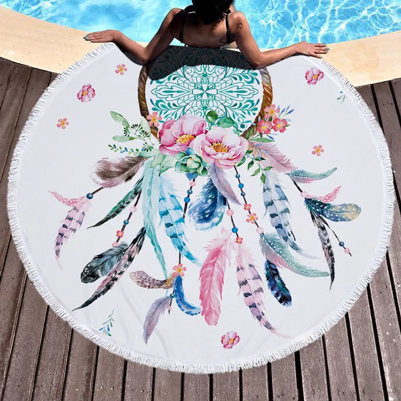

2019 Hot Round Beach Towel With Tassels Soft Microfiber 150cm Summer Swimming Picnic Blanket Wall Tapestry Multi-Color