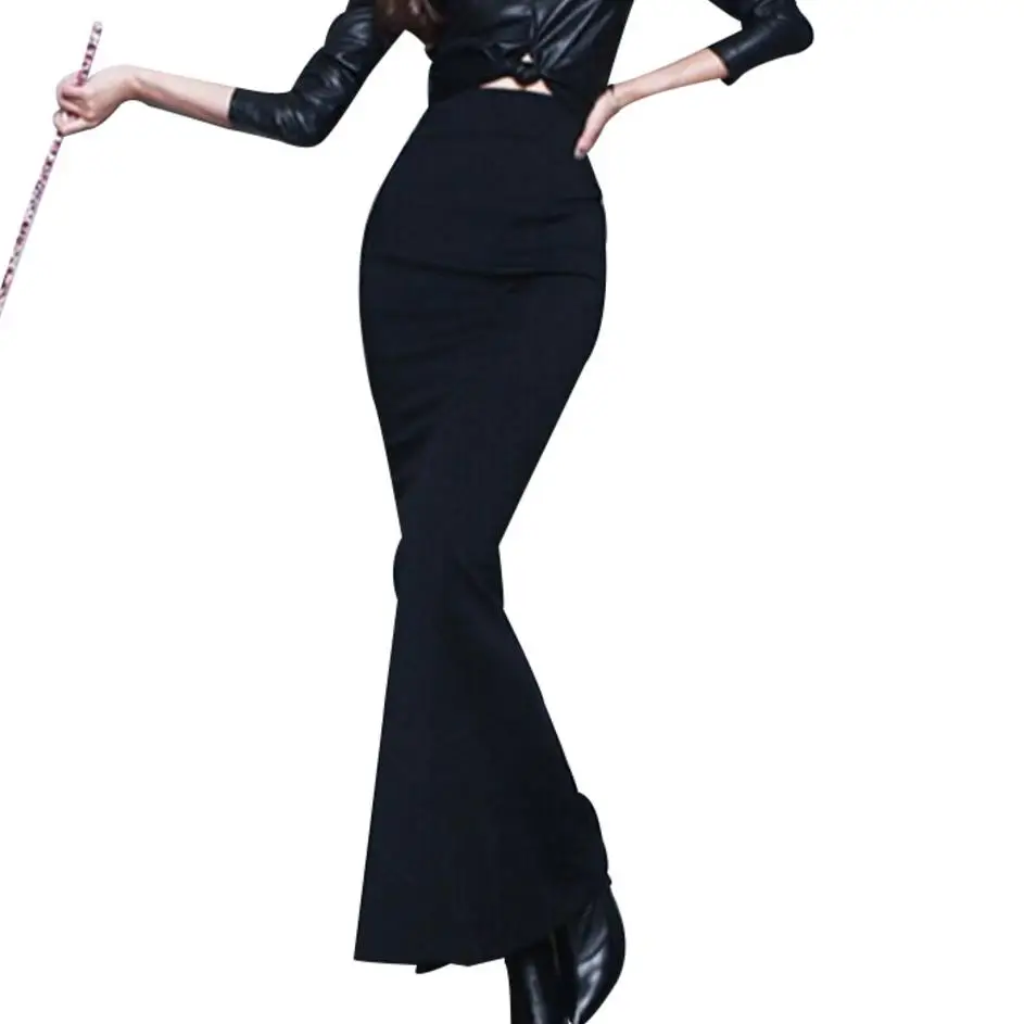 

2019 winter Women fashion sexy high waist wool skirt package hip tight black fishtail mermaid long ol skirt