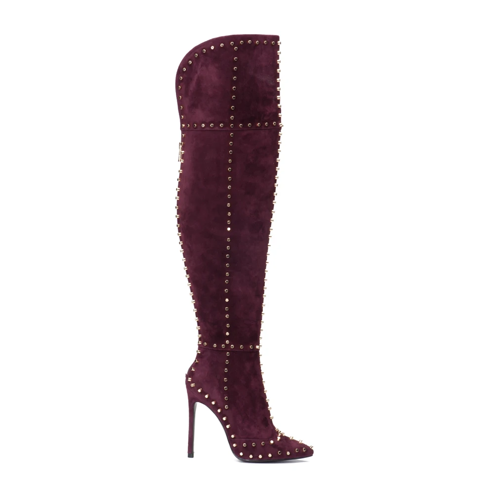 

Boots Women 2018 Autumn Winter High Heels Pointed Toe Suede Leather Rivets Ladies Shoes Fashion Thin Heels Solid Zapatos Mujer
