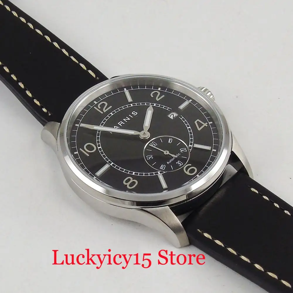 PARNIS черный циферблат серебристый футляр для часов 42 мм автоматические мужские часы с авто окошком даты кожаный ремешок