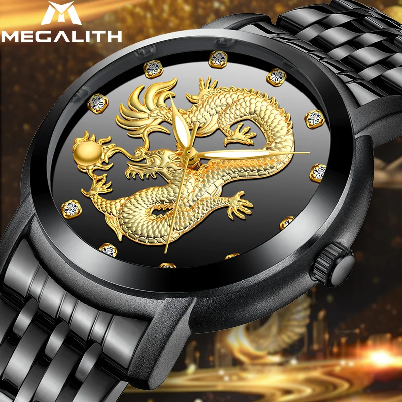 

MEGALITH Gold Dragon Sculpture Mens Watch Luxury Big Dial Watch Waterproof Stainless Steel Strap Quartz Watch Male Reloj Hombre