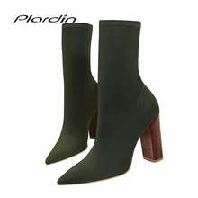 Plardin/Новинка; женские ботинки с острым носком в стиле ретро; женские зимние ботинки до середины икры на высоком квадратном каблуке из эластичной ткани