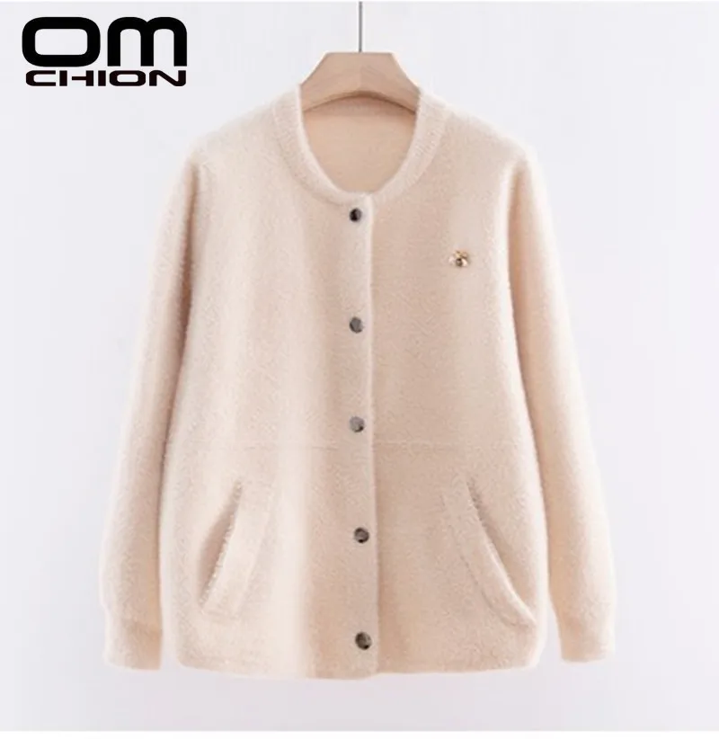 

OMCHION Casaco Feminino 2019 Autumn Winter O Neck Mink Fur Cardigan Women Casual Loose Single Breasted Mohair Sweater Coat LP187