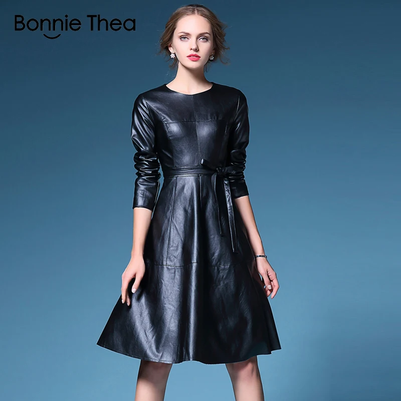 2017 women winter Elegant Vintage PU Leather Dress Female A Line short ...