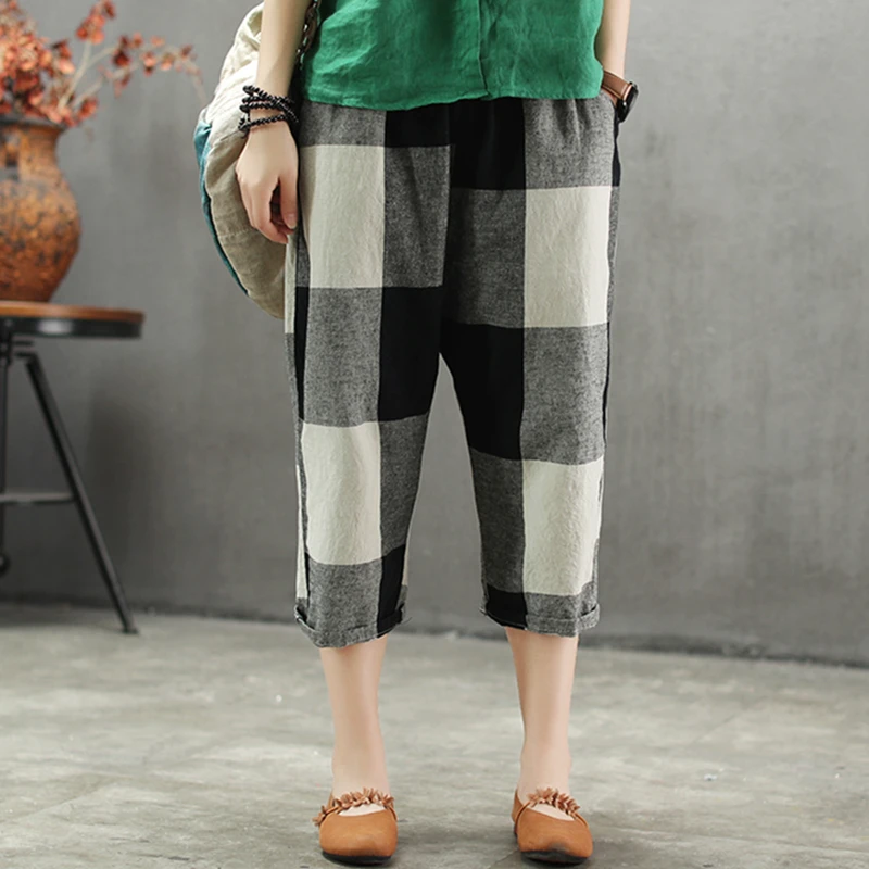 

Johnature 2019 New Plaid Trouse Casual Elastic Waist Female Pants Summer Style Literary Fashion Retro calf-length Women Pants
