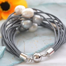 Горячие sell15strands 13 мм белый жемчуг в форме риса серый кожаный браслет 8 дюймов-Свадебные украшения