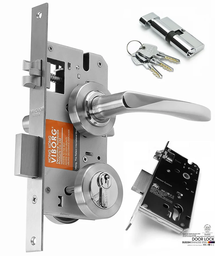 VIBORG Deluxe 304 Stainless Steel Keyed Security Privacy Bedroom Living Room Entrance Entry Door Mortise Lever Lockset Lock Set 304 stainless steel door suction contact free touch wall toilet room bedroom anti collision magnet