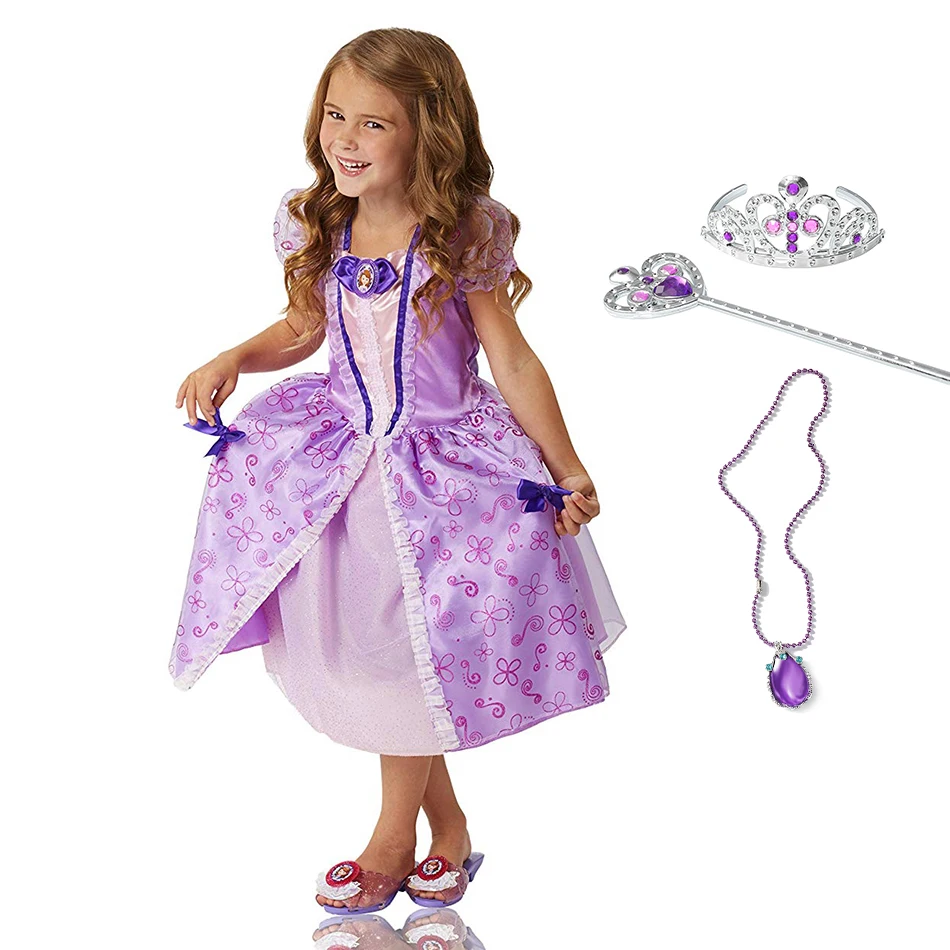 Платье принцессы Софии для девочек; Детский карнавальный костюм; бальное платье с короткими рукавами-фонариками; Детские Вечерние платья на Хэллоуин с цветочным рисунком; Летние нарядные платья