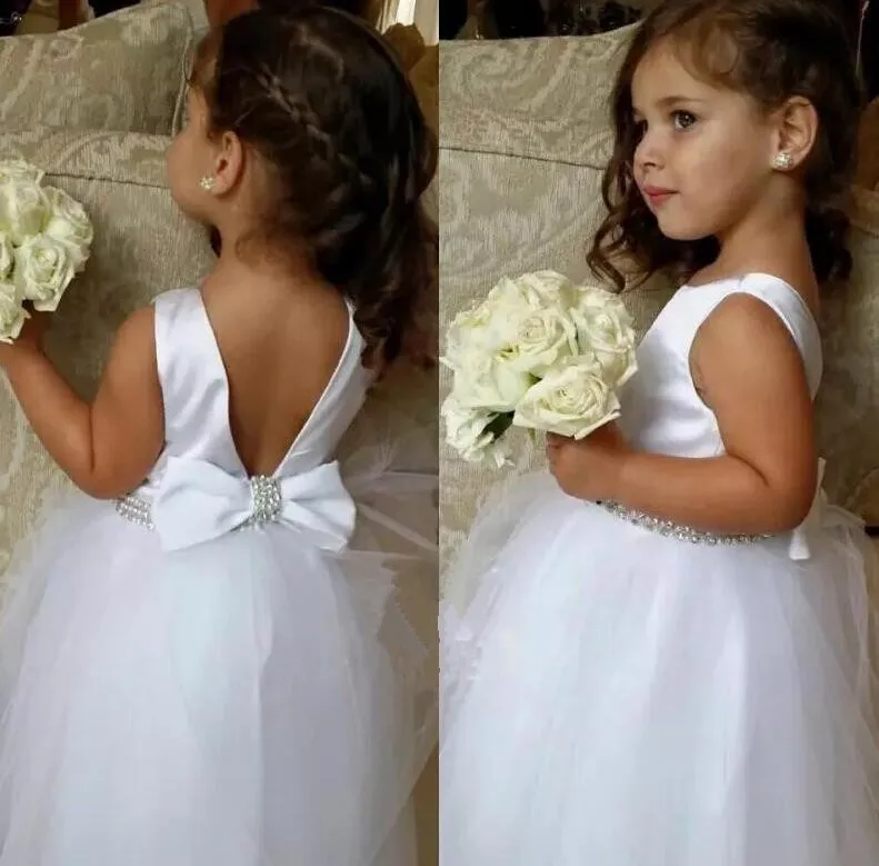 

Beautiful Girls Dress For Wedding White Beaded Flower Dresses Jewel Neckline Floor Length Lovely Princess Girls Pageant Gown