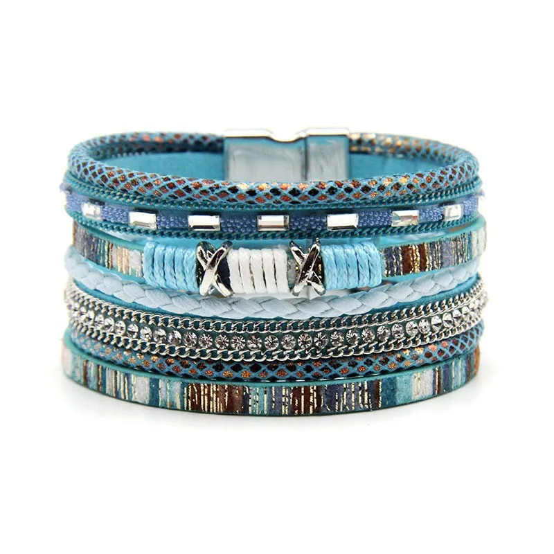 New Bohemian Colorful Multilayer Rope Woven Leather Magnet Buckle Bracelet Bangles Handmade Vintage Fashion Jewelry For Women