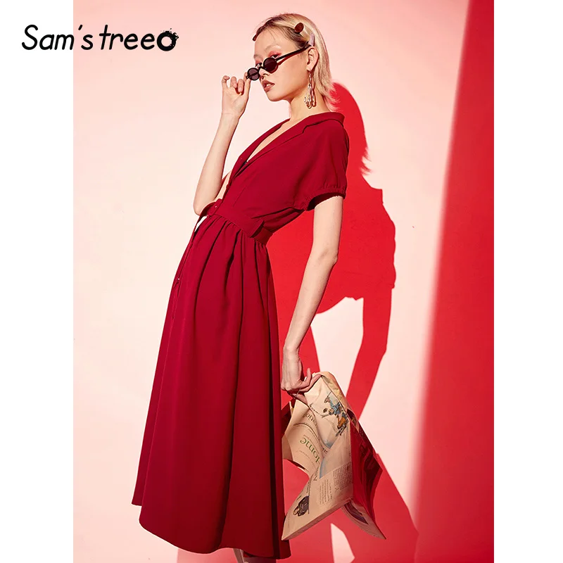 

Samstree Vintage Red Women Dresses Elegant Mid Waist Female Long Dress 2019 Summer V-Neck Office Lady Sashes A-Line Dresses