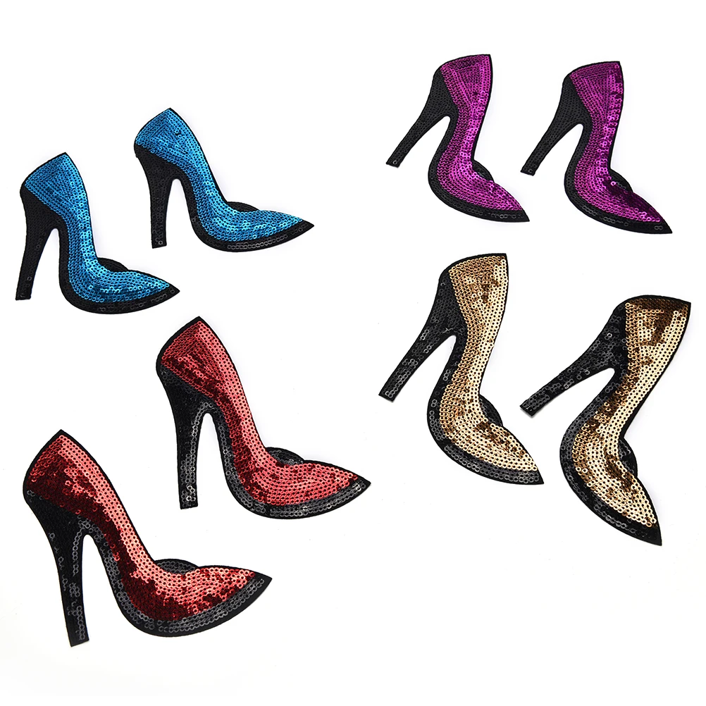 

New 2PCS = 1 Pair High-heeled Shoes Sequined Iron On Patches Applique Embroidery Embroidered Iron-on Patch for Women Clothing