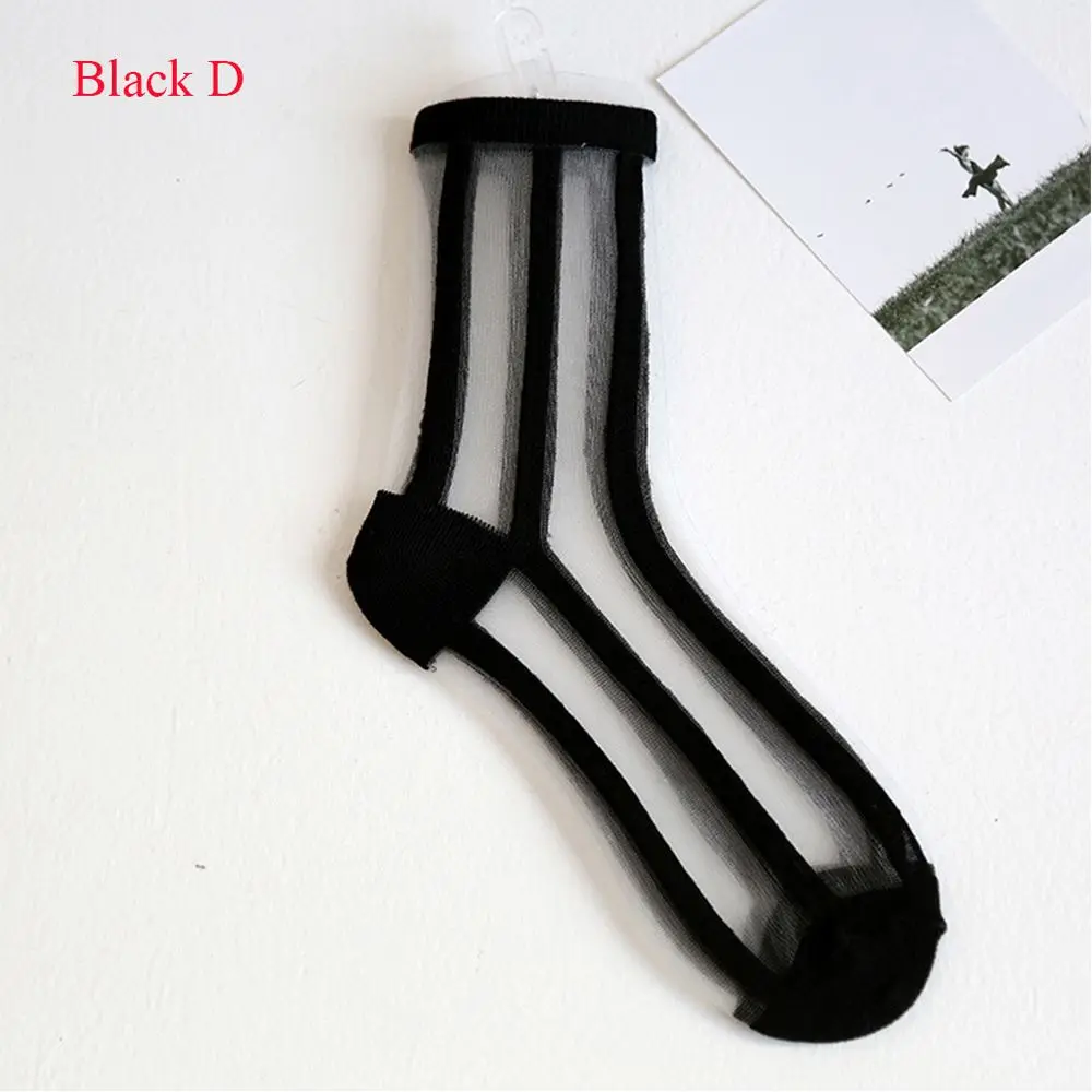 1 pair New Sheer Mesh Glass Silk Socks Ultrathin Transparent Stretch Elasticity Lace Net Yarn Thin Summer Socks For Women - Color: black D