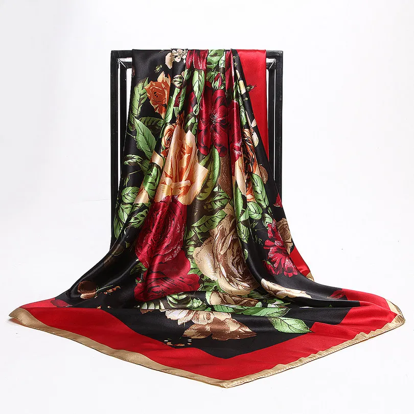 [BYSIFA] Китай Розе большие квадратные шарфы для весны осени дизайн красные черные цветы Шелковый шарф бренд мусульманский головной платок - Цвет: wine red bag