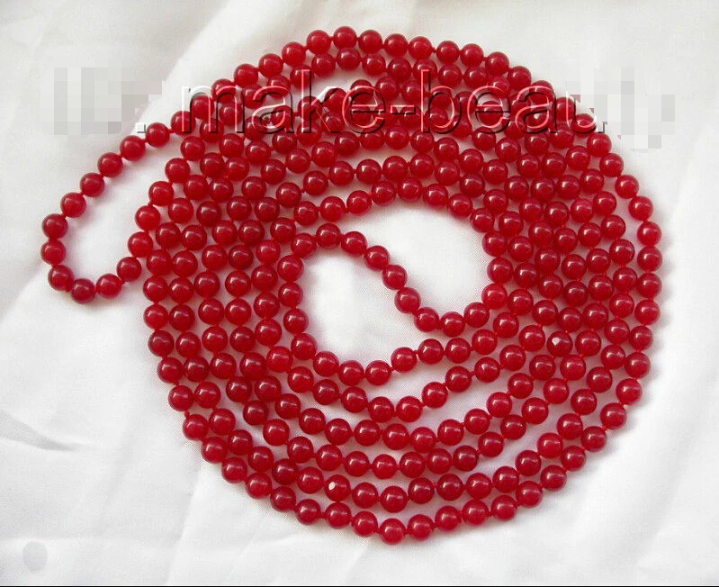 

FREE shipping>>>> Amazing long 100" 8mm round red natural jade necklace b758