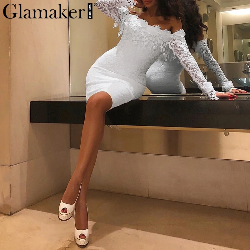 Glamake White lace halter bodycon dress Women off shoulder long sleeve sexy dress Elegant autumn party vintage mini dress winter
