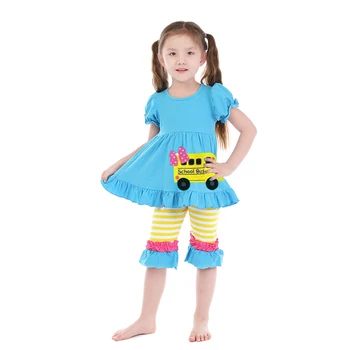 

Kaiya Angel Fashion Children Clothes for Toddler Girls Sky Blue Cotton School Bus Summer Boutique Spring Autumn Sets Wholesale