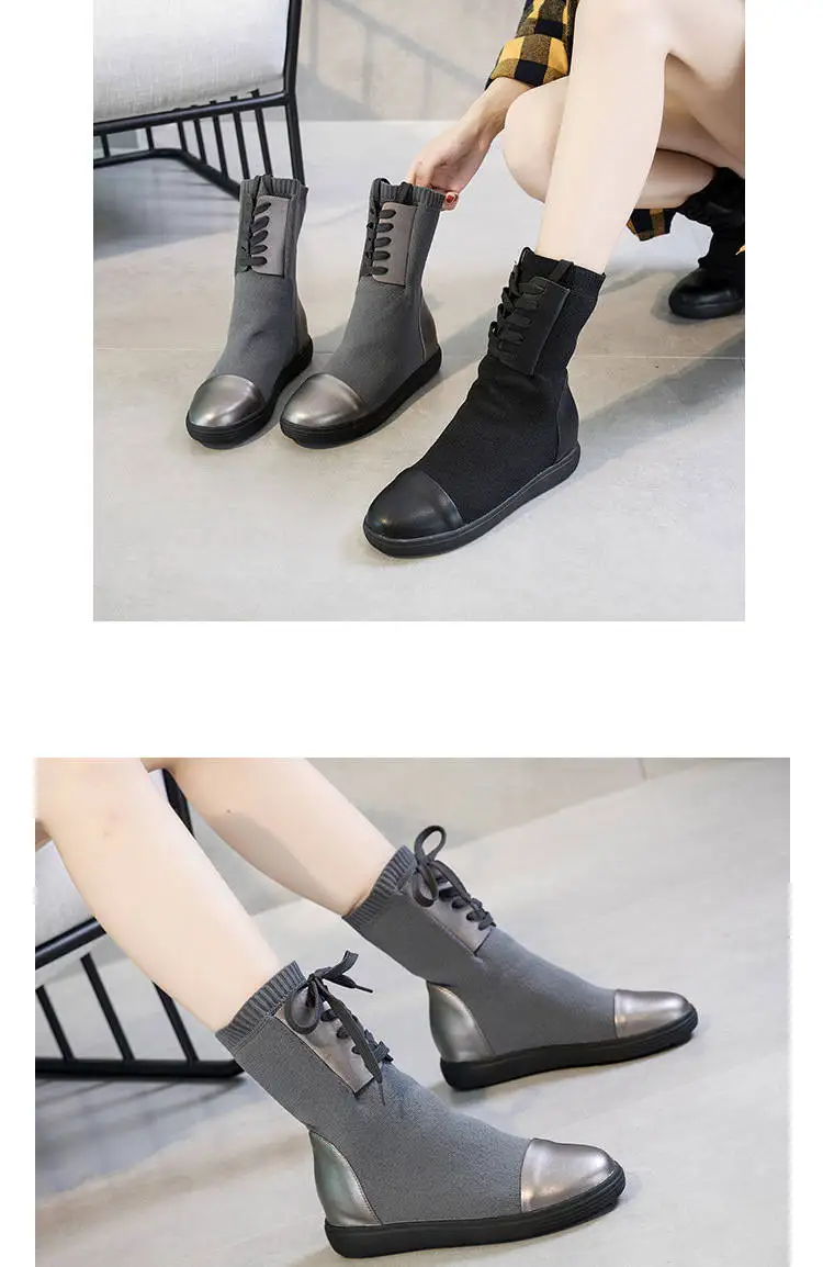 2018 Autumn And Winter Boots Women's Leather Increased Thick Bottom Elastic Boots Med-HeelFashion Winter Ankle Boots WomenM8D156 (10)