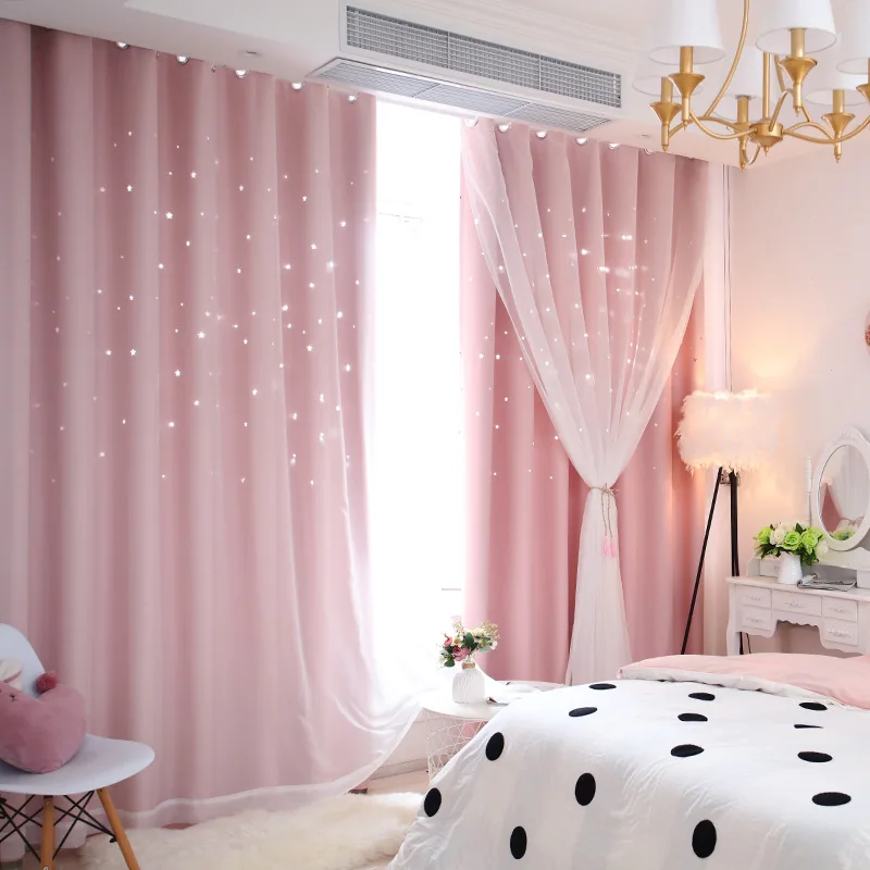 

Princess style pink sky blue Hollow Star curtain Hotel window curtain Bedroom living room Shading curtain and screen customize