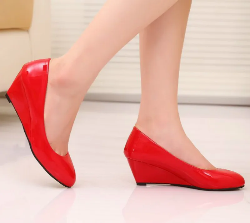 

New Women Pumps Shoes Sweet Wedges Patent Leather Candy Colors Round Toe Slip-On Shallow Solid Wedding Lady Casual Female Shoes