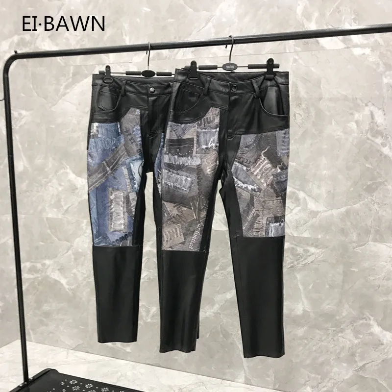 2019 Autumn and Autumn New Leather Pants Women Long Section Denim Print Casual Slim Sheepskin Pants Leather Pants Women