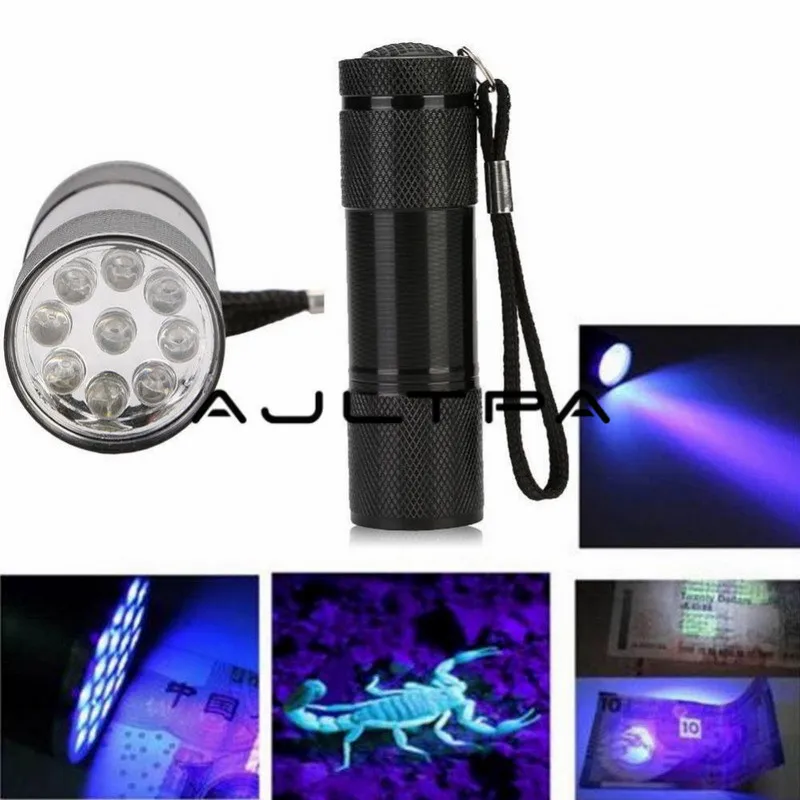 100pcs 9 LED UV Flashlight Torch Light 395nm Ultra Violet Light Blacklight Lamp Torch AAA