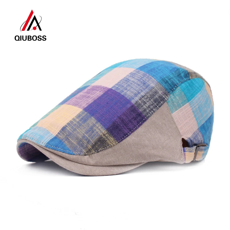 

QIUBOSS Unisex Cotton Linen Colorized Plaid Berets Women Men Casual Peaked Cap Retro Newsboy Hats British Flat Ivy Caps