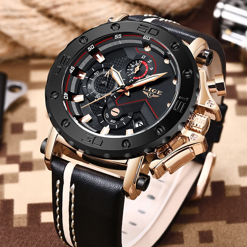 LIGE New Men Watches Top Brand Luxury Male Automatic Date Waterproof Sport Watch Men Leather Milita