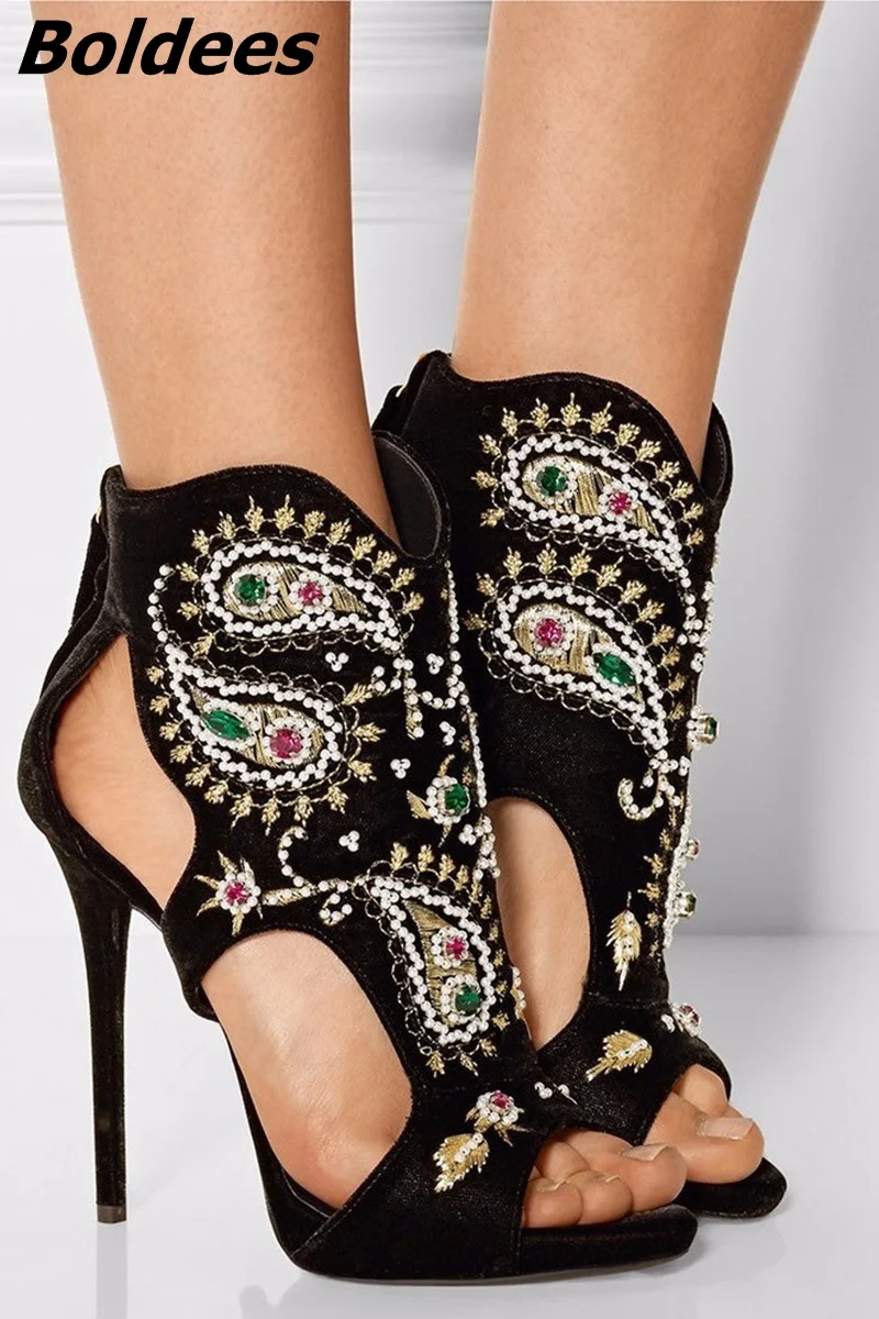 Glamorous Black Suede Embroidery Crystal Decorated Heels Sexy Cut out Peep Toe Stiletto Heel