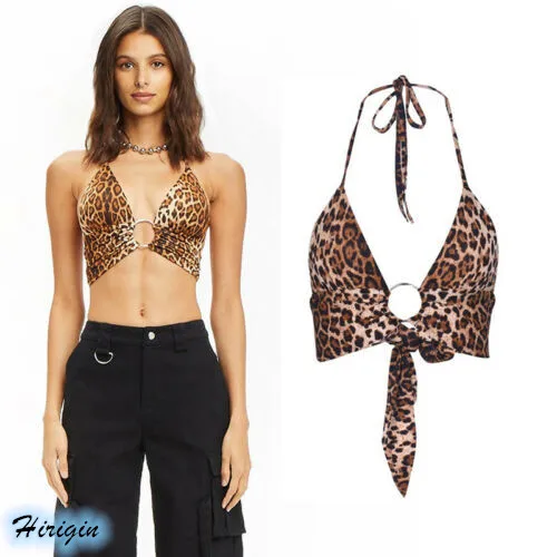 Sexy Leopard Print Crop Tops HOT Women Summer Sexy Sleeveless Halter V-Neck Leopard Printed Short Camisoles